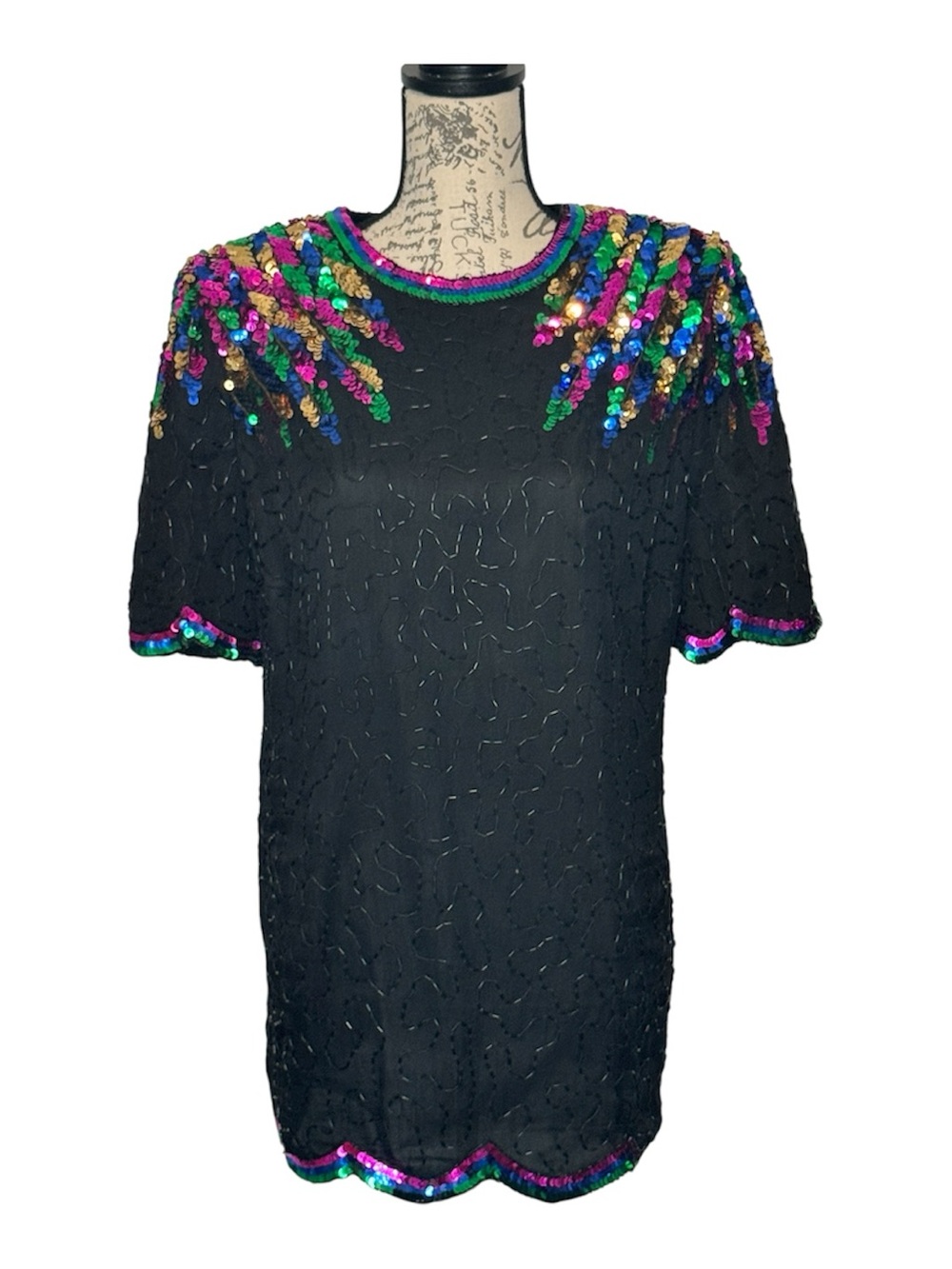 Jewel Queen Vintage Silk Beaded Sequin Top Womens Oversized Festival Boho India